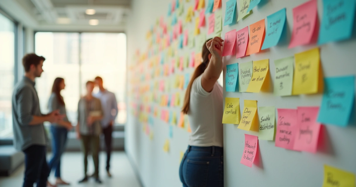 Pessoa colando bilhete em mural de post-its cheios de declarações honestas 
