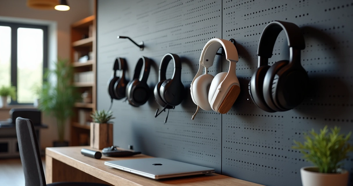 Fileira de suportes para headset fixados em painel perfurado organizando vários fones 