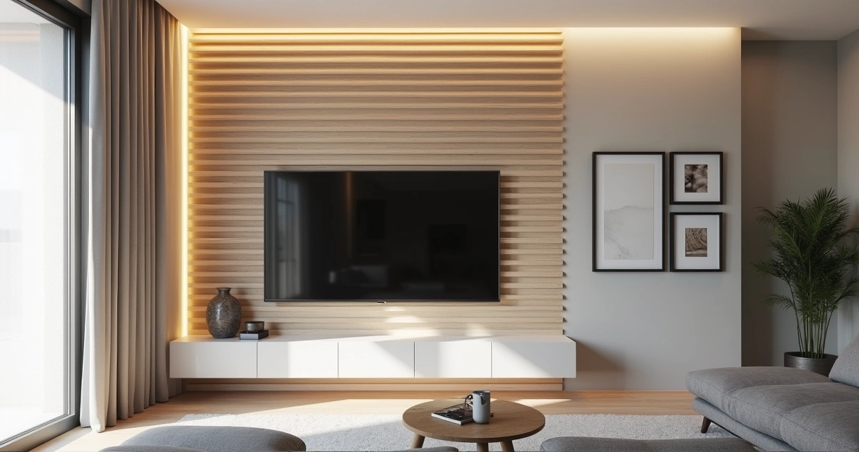 Parede de sala de estar com painel de madeira e quadros decorativos 