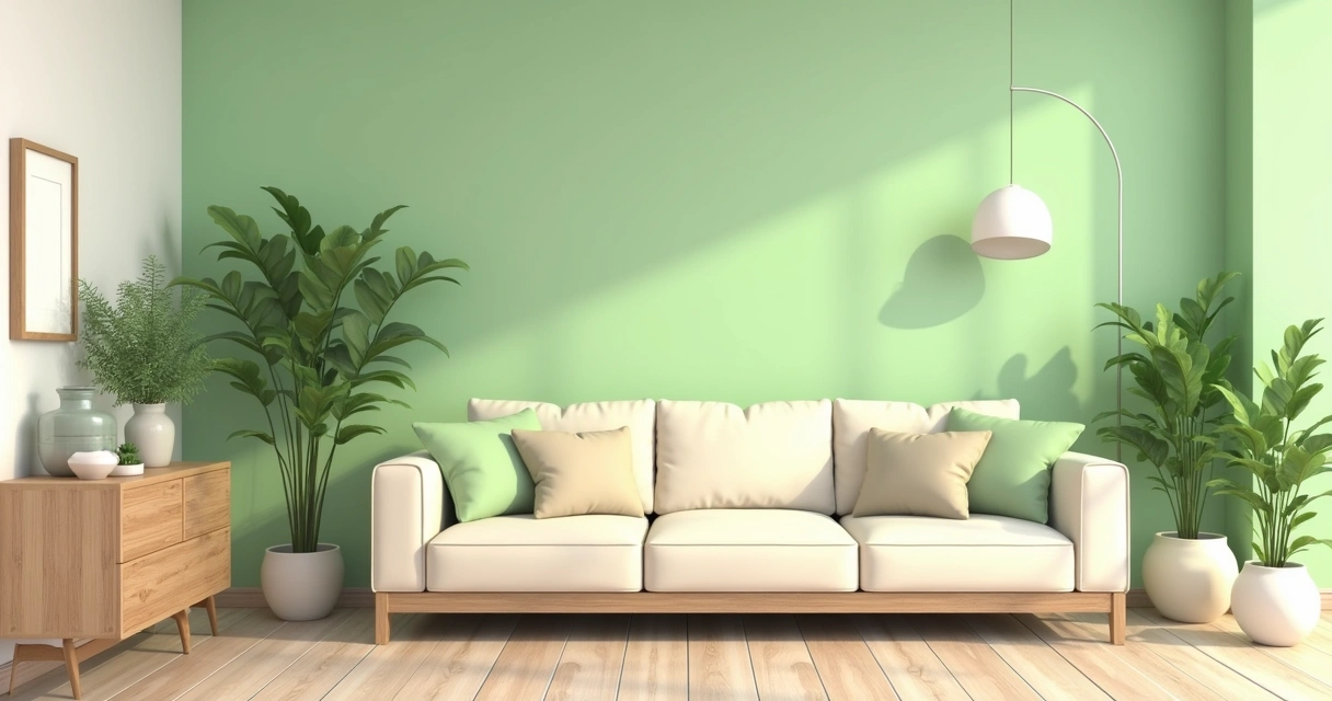 Parede verde Bambú em sala com móveis de madeira clara, almofadas bege e plantas em vasos de cerâmica 