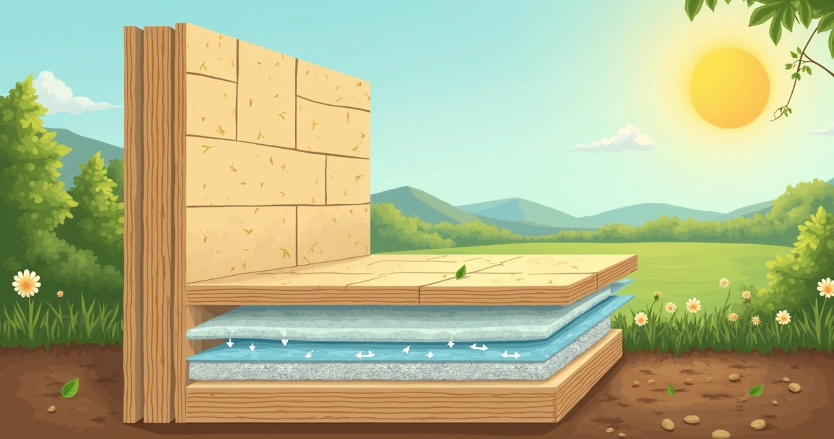 Corte de uma parede de hempcrete mostrando isolamento térmico e fibras de cânhamo 