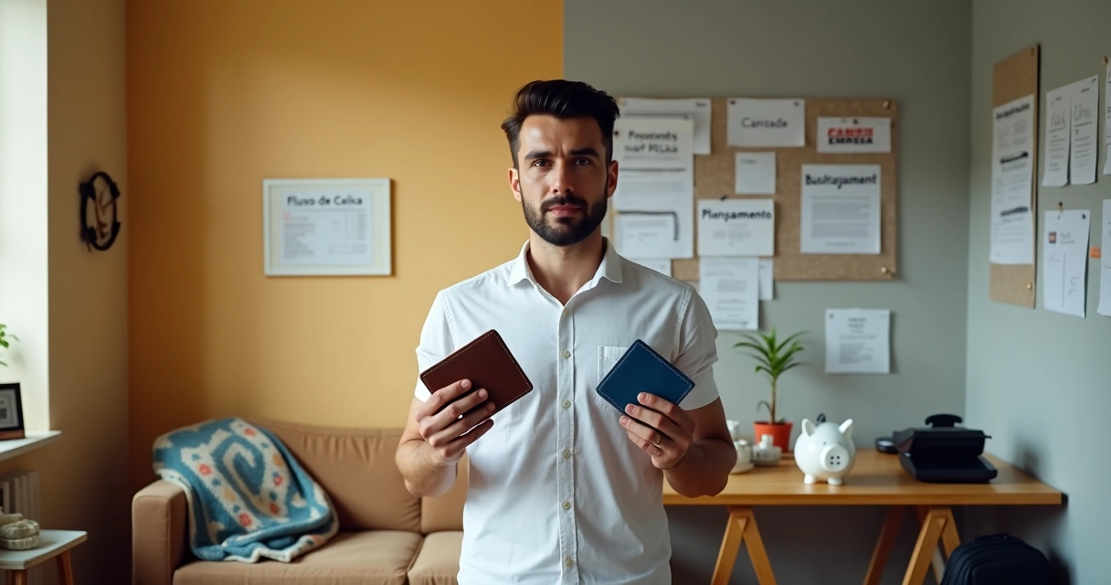 Microempreendedor em sala dividida ao meio representando finanças pessoais e empresariais separadas 