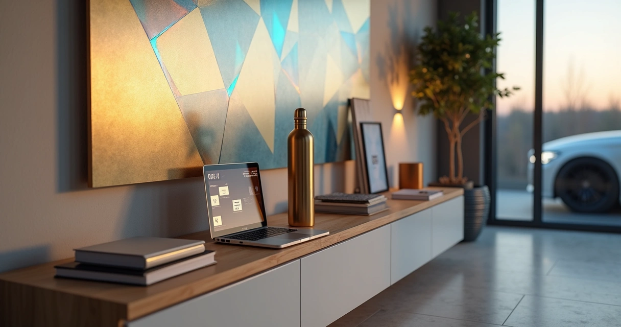 Sala moderna com parede e objetos decorados com adesivos metalizados coloridos 