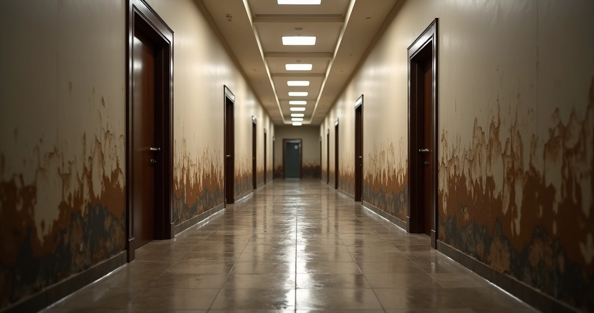 Paredes com manchas de umidade em área comum de condomínio 