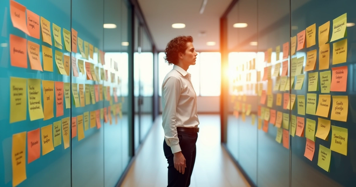 Profissional analisa palavras negativas e positivas em post-its em painéis de vidro no escritório 