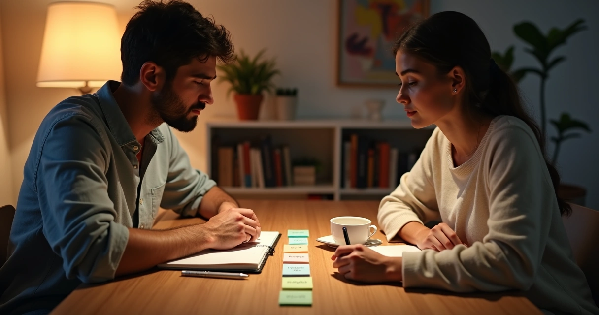Pareja conversa en casa marcando acuerdos emocionales con notas adhesivas en la mesa 