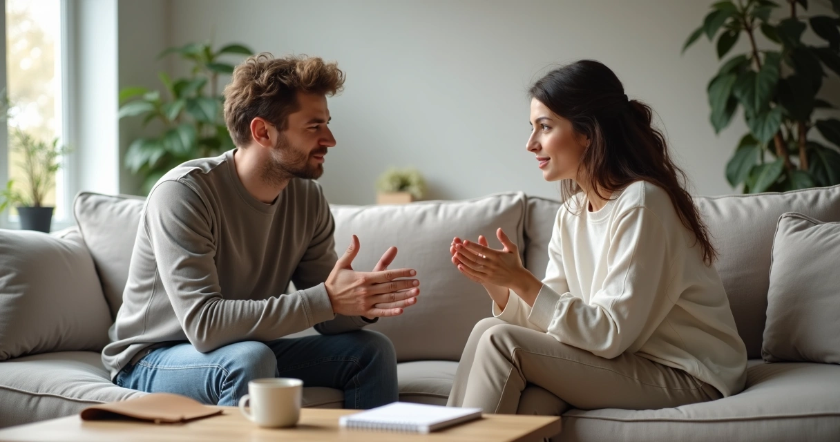 Pareja hablando en el sofá mientras establecen acuerdos emocionales 
