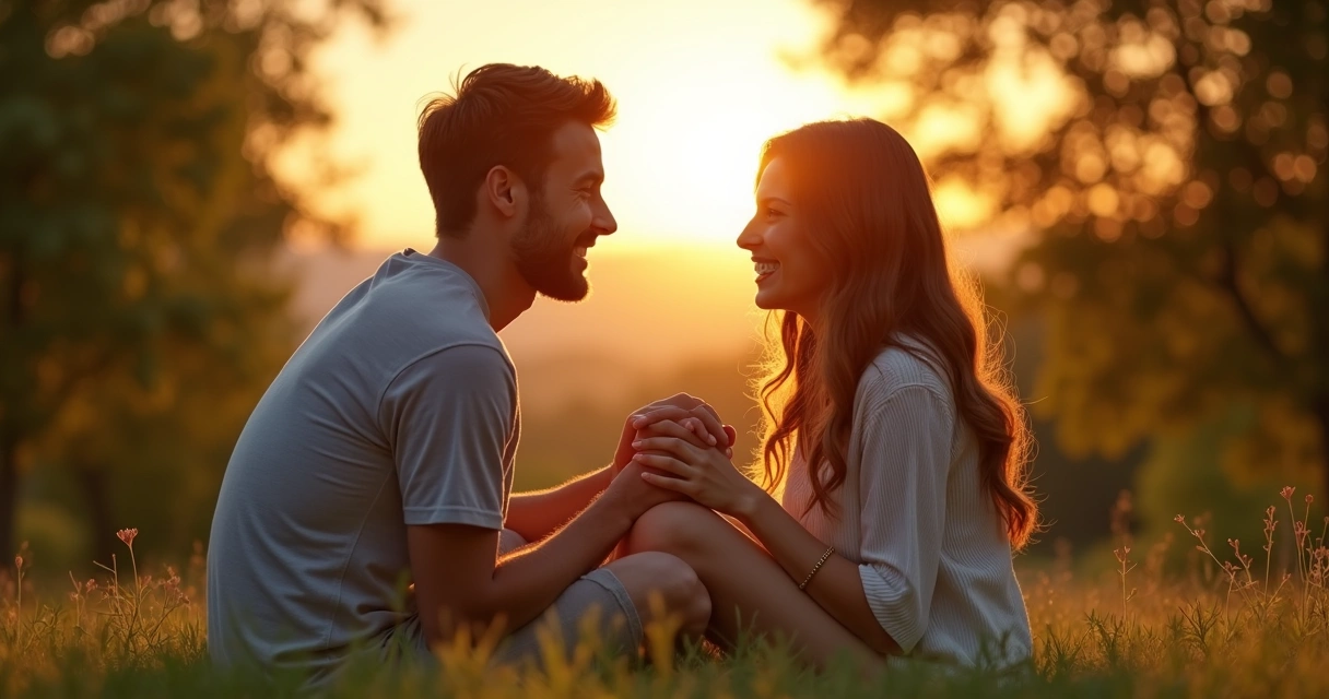 Pareja joven dándose la mano y sonriendo al atardecer