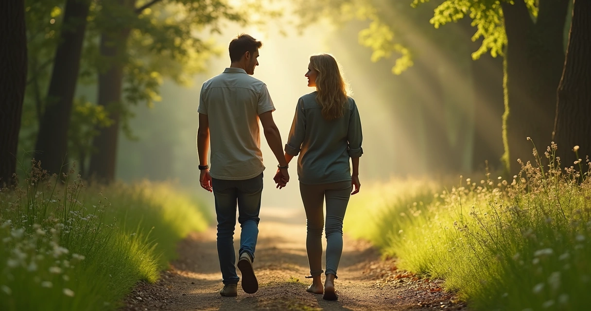 Pareja caminando juntos y apoyándose en la naturaleza, ambiente relajado 