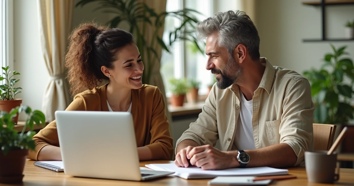 Pareja de adultos apoyándose en sus proyectos personales cerca de una mesa. 