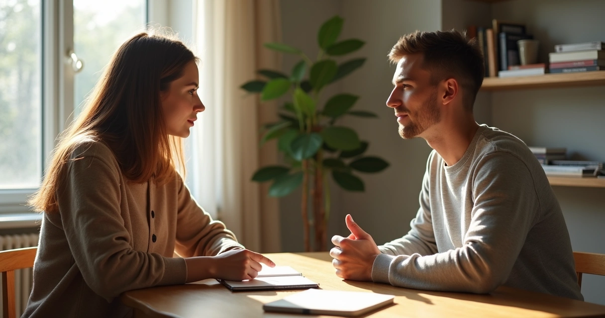 Pareja sentada frente a frente practicando autoobservación consciente en una conversación tranquila 