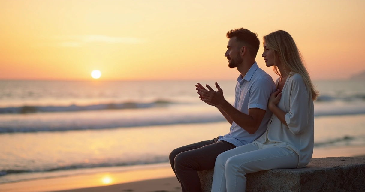 Pareja sentada frente al mar conversando con gesto de conexión y reflexión 
