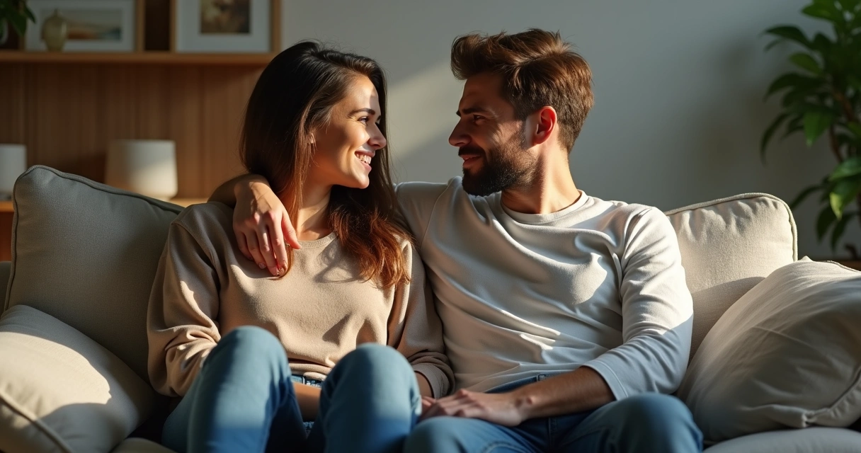 Pareja sentada en sofá, una persona alegre y la otra triste 