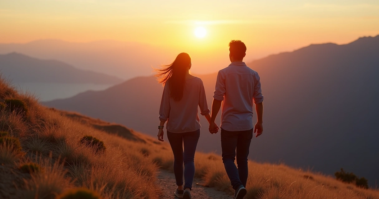 Pareja caminando juntos en una montaña al atardecer 