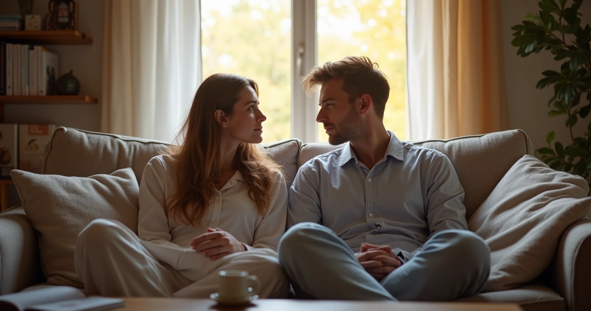Pareja sentada mirándose cansados en la sala de estar 