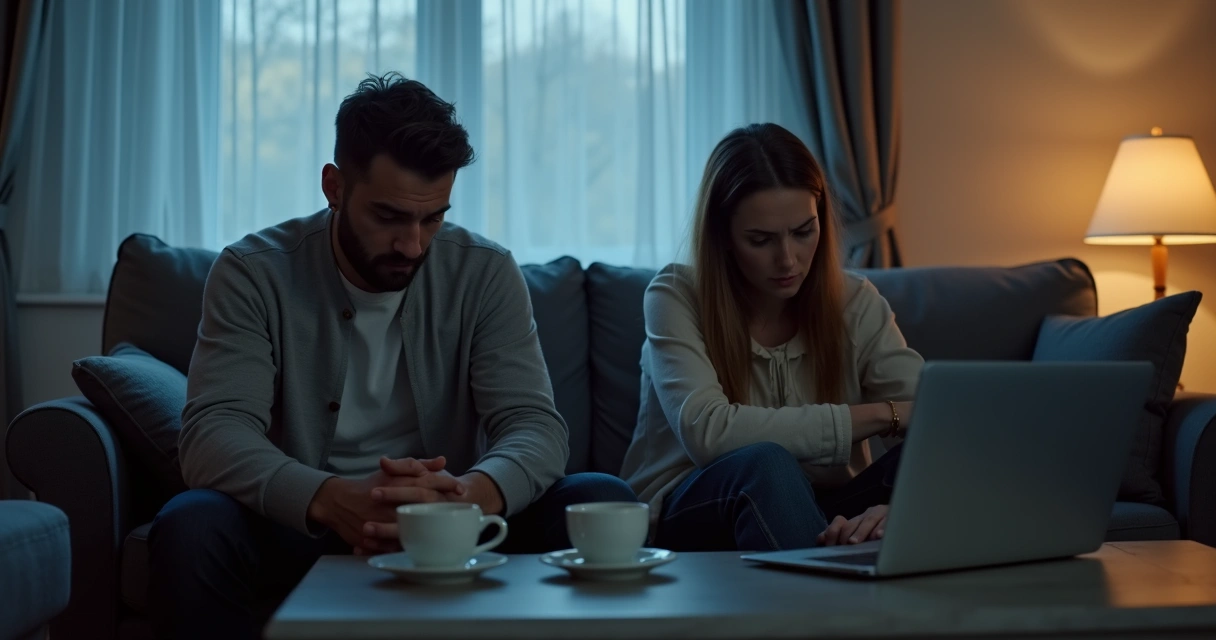 Pareja sentada en casa con distancia emocional y cansancio visible