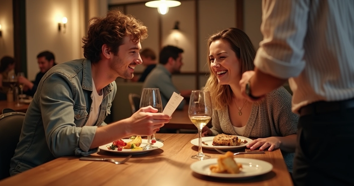 Pareja sentada en restaurante compartiendo la cuenta
