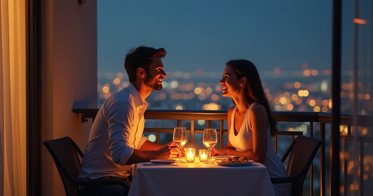 Pareja joven cenando románticamente en un balcón nocturno 