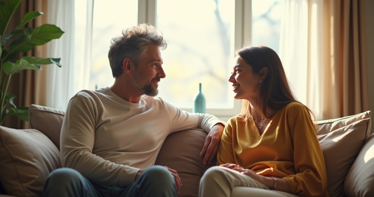 Pareja hablando abiertamente sentados en una sala clara y cómoda