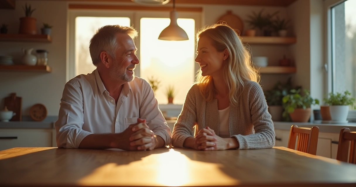 Pareja sentada en una mesa, comunicándose de manera abierta y serena 