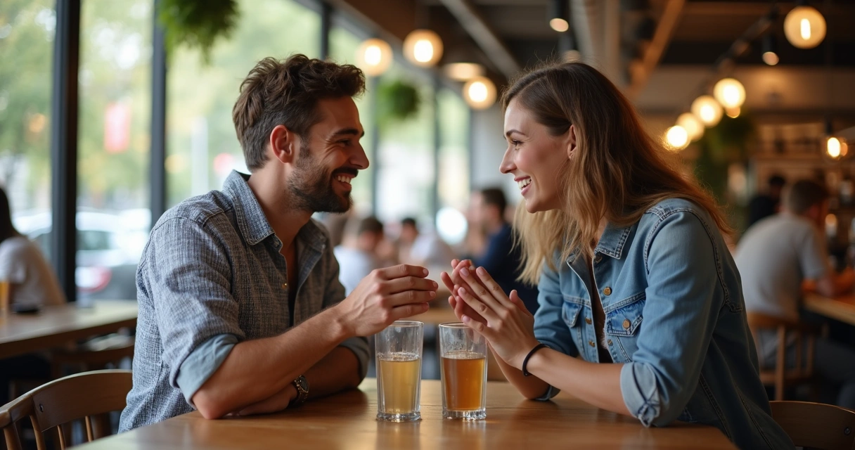 Pareja hablando y sonriendo en la mesa de un café luminoso. 