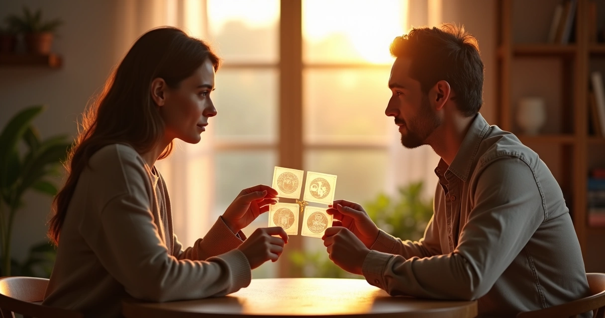 Pareja sentada frente a frente creando acuerdos con tarjetas entrelazadas 