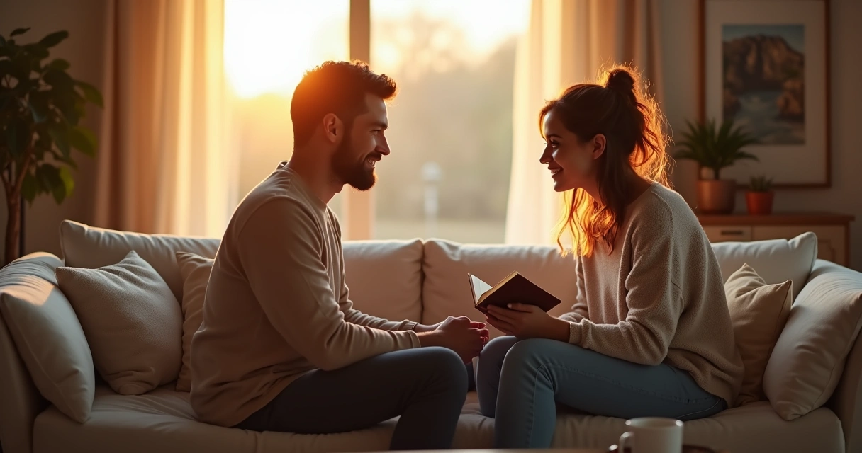 Pareja sentada frente a frente conversando con atención plena al atardecer 