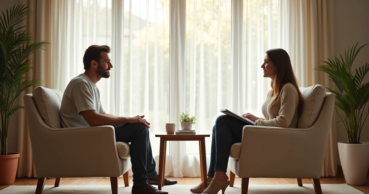 Pareja sentada conversando con calma en una sala luminosa