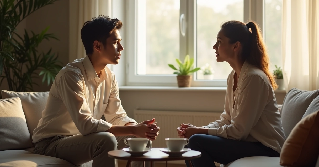 Pareja conversando en un espacio tranquilo con gestos atentos
