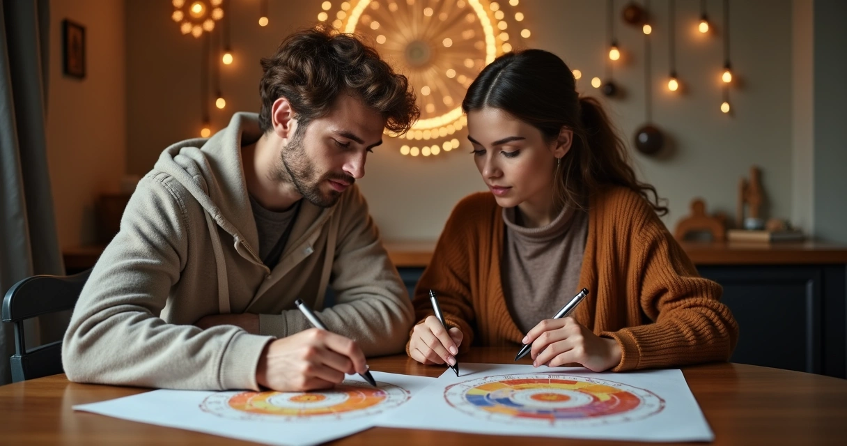Casal sentado conversando com mapas astrais coloridos sobre a mesa 