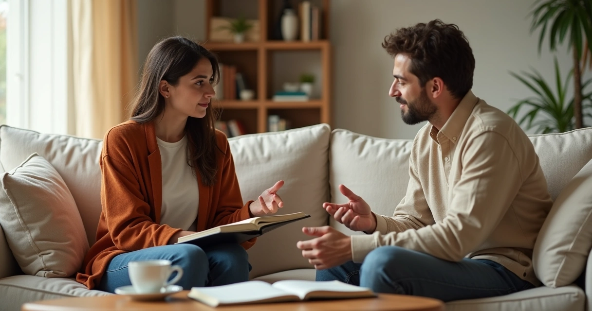 Pareja conversando en un sofá con cuadernos y luz cálida
