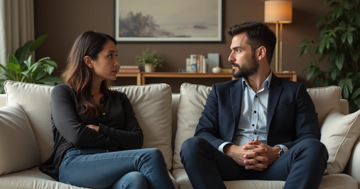Pareja conversando en casa con gestos serios 