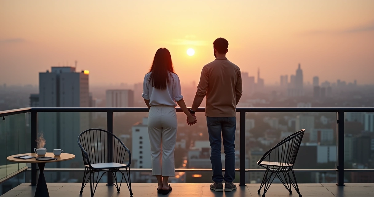 Pareja de espaldas apoyada en barandal mirando un atardecer urbano 