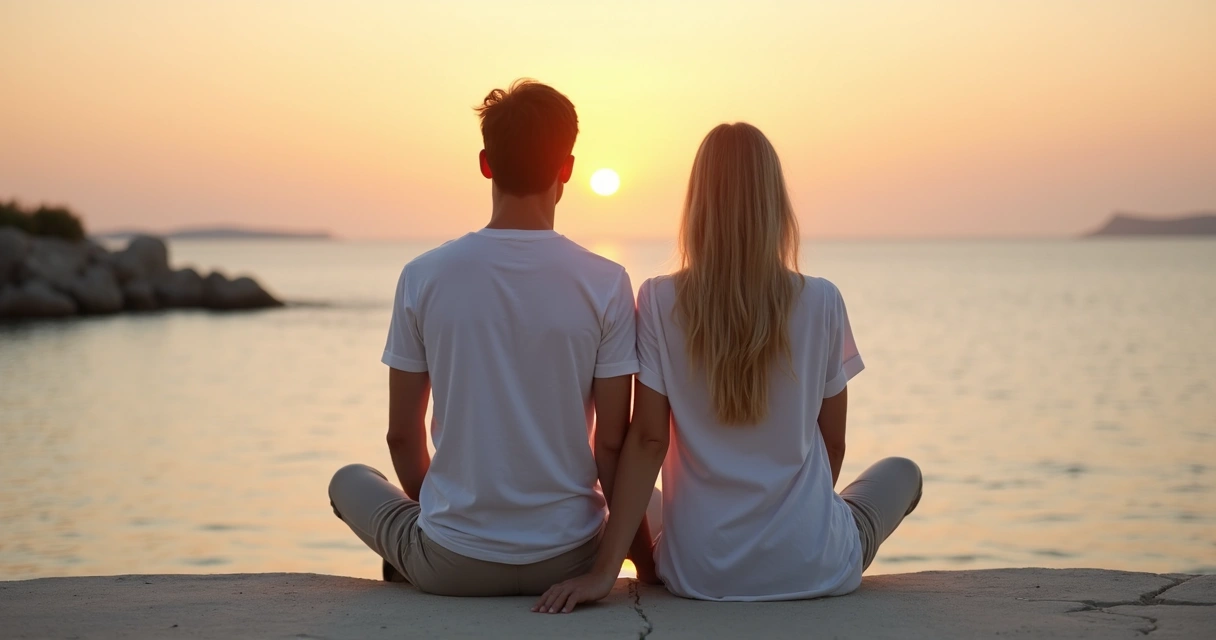 Pareja sentada frente al mar practicando desapego saludable y conexión consciente 