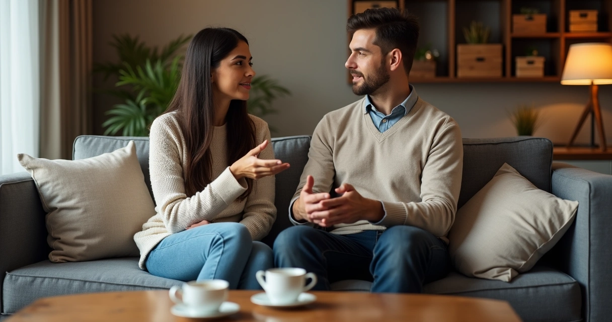 Pareja sentada conversando en un sofá, mirada atenta y postura relajada 