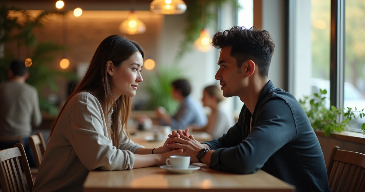 Pareja dialogando sentada en una cafetería