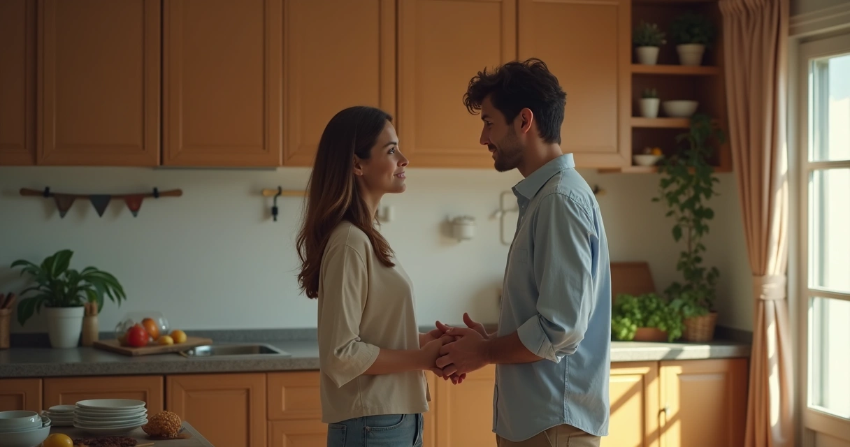 Pareja dialogando en la cocina. 