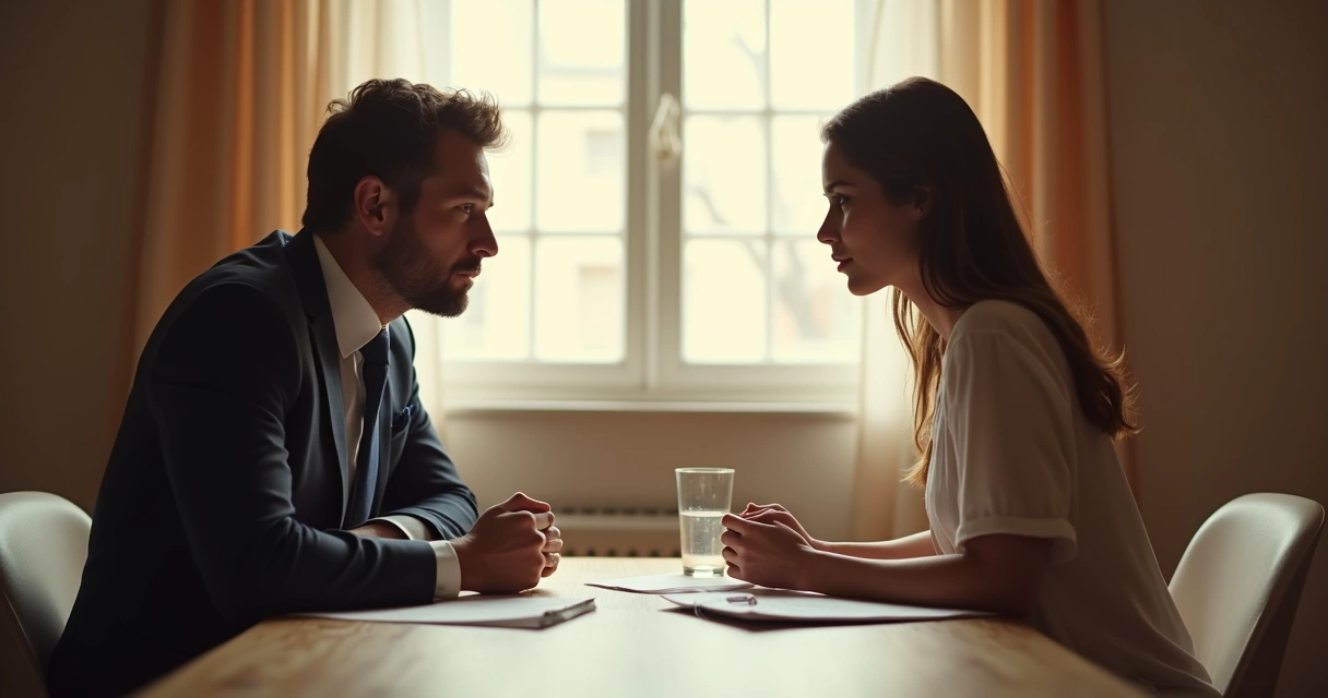 Pareja sentados frente a frente dialogando mientras atraviesan un conflicto 