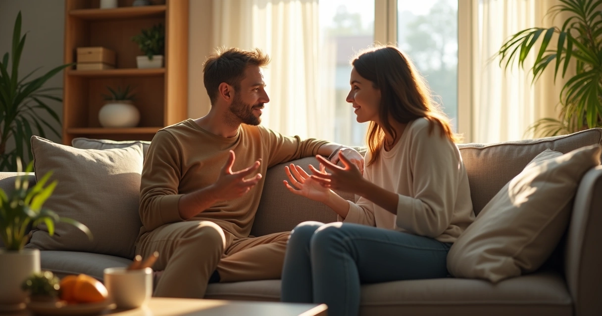 Pareja sentados conversando en casa 