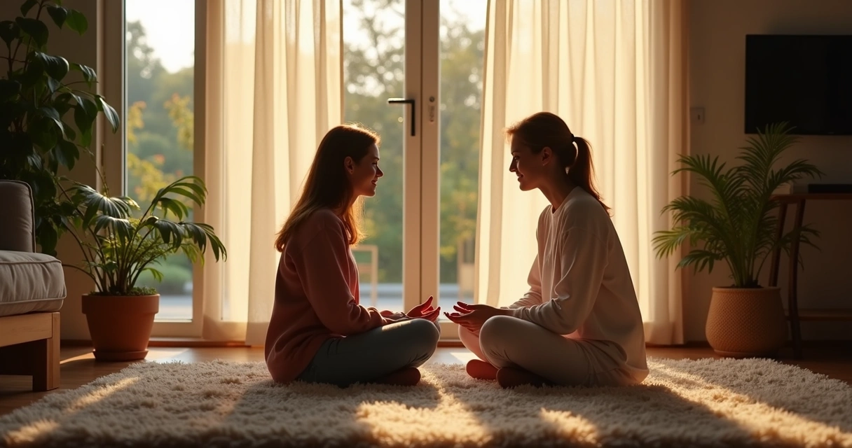 Pareja conversando sentados en el piso de su hogar, con luz cálida y ambiente íntimo 