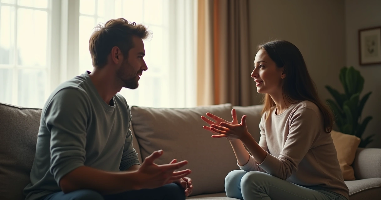 Una pareja sentada en la sala, hablando de forma tranquila 