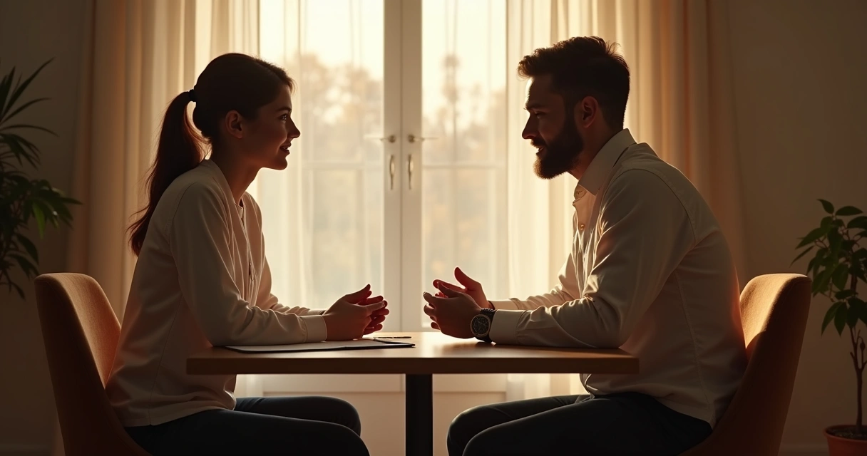 Pareja sentada enfrentada conversando en calma 