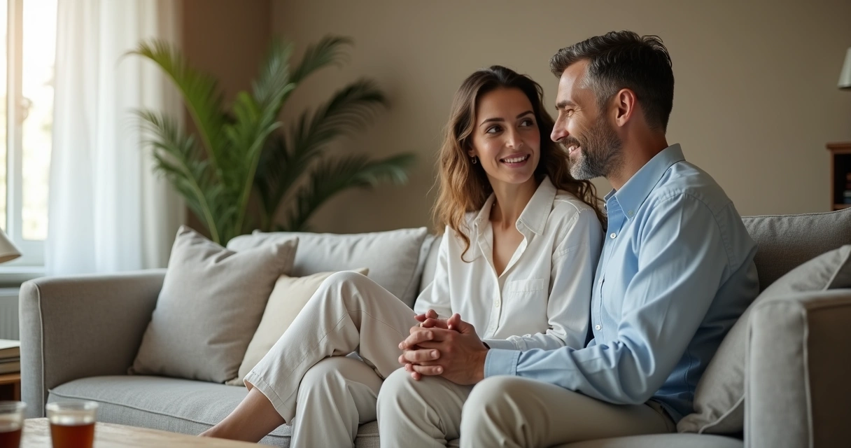 Pareja sentada en un sofá conversando con calma y mirándose a los ojos 