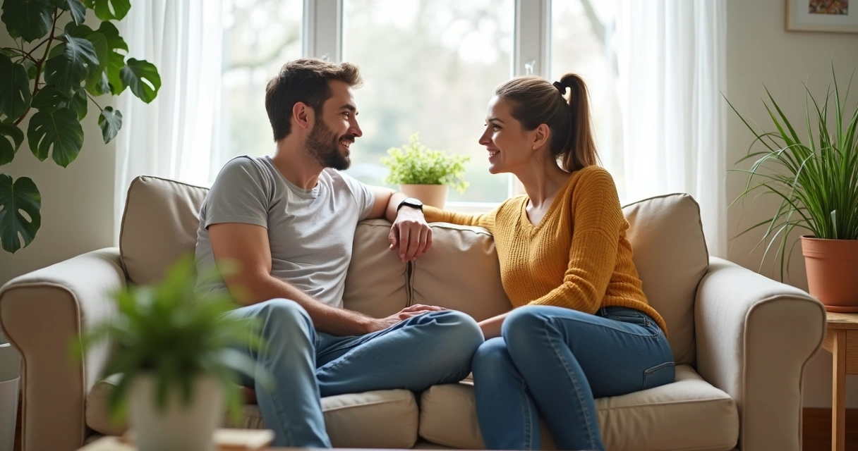 Pareja sentada en un sofá dialogando en calma en una sala luminosa con tonos neutros 