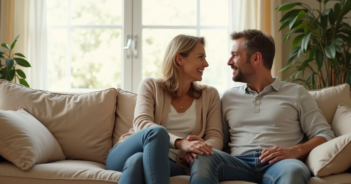 Pareja conversando en un sofá junto a una ventana
