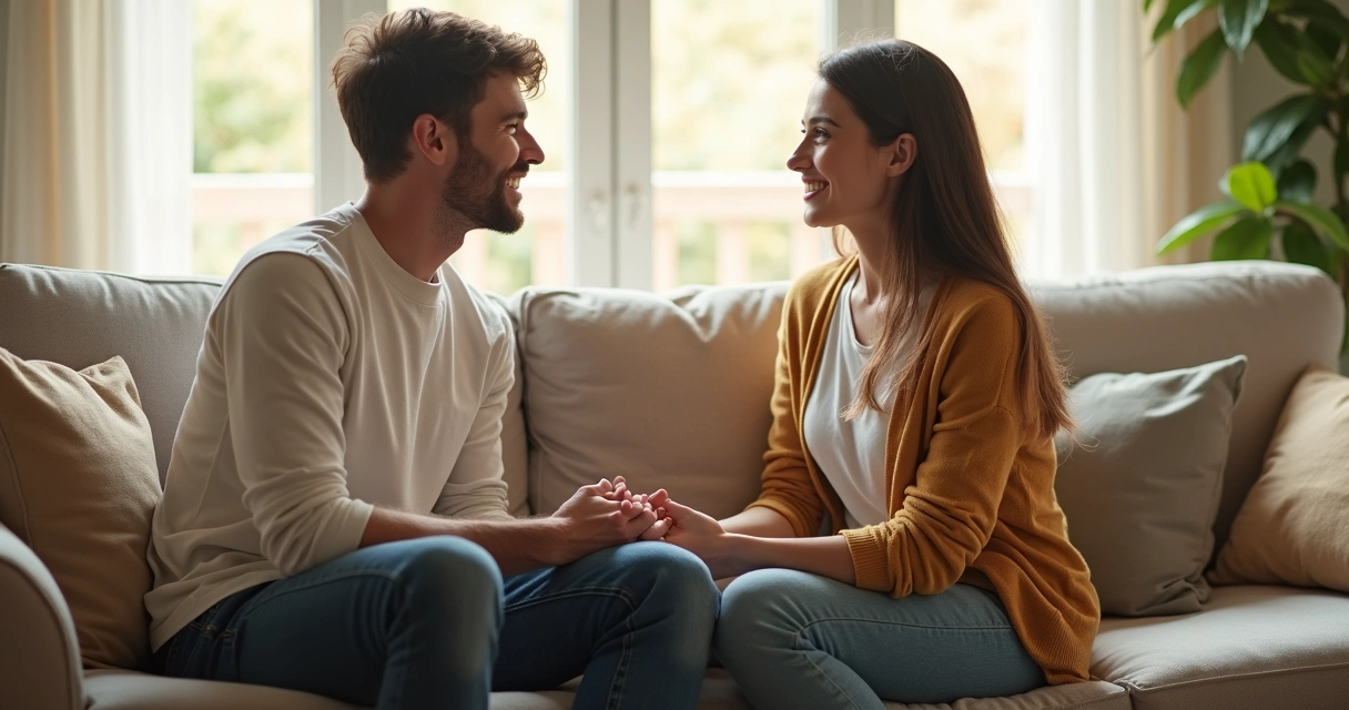 Pareja sentada en el sofá conversando con atención plena