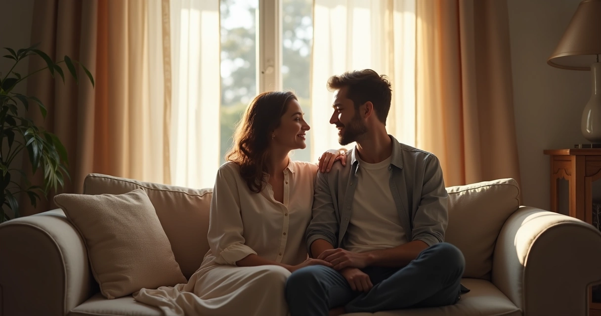 Pareja sentados conversando en privado junto a una ventana tenue.