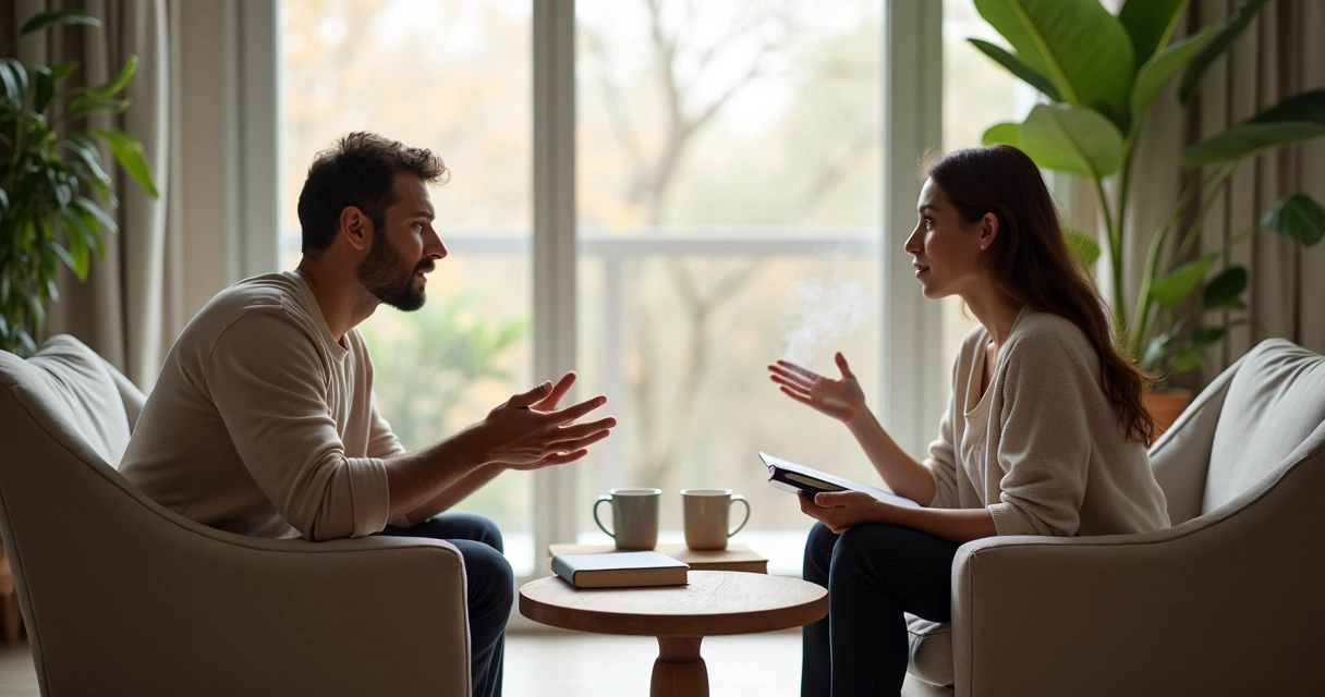 Dos personas conversando con calma sentadas frente a frente en un salón luminoso 