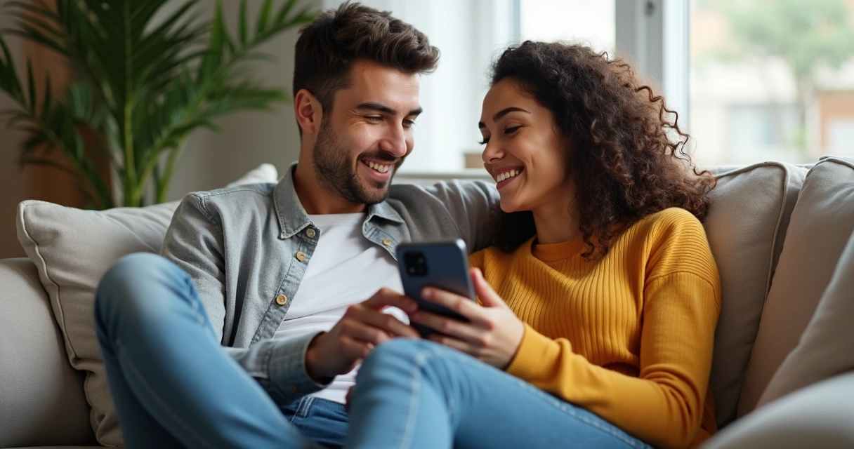 Pareja sentada conversando en el sofá con un móvil entre ambos 
