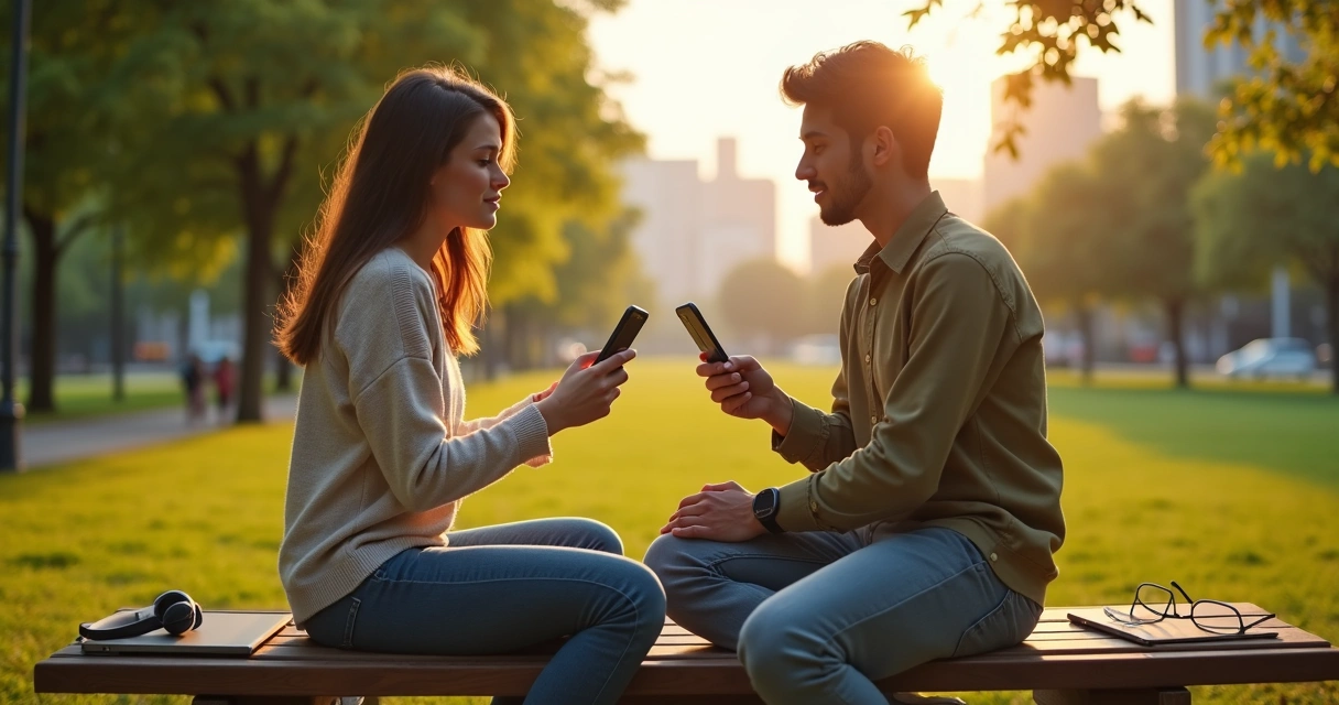 Dos personas conversan cara a cara mientras apagan sus teléfonos 